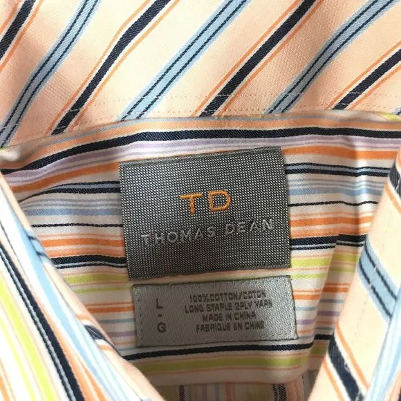 Thomas Dean Shirt Mens M Yellow Blue Orange Striped Long Sleeve Button Down - Picture 3 of 10
